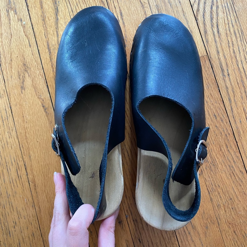 Black Leather Mules with Wooden Heel - Picture 2 of 6